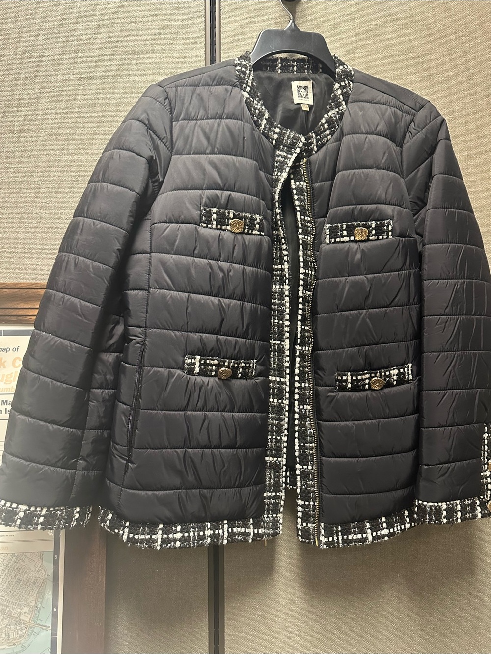 Anne Klein Black Quilted Jacket with Tweed Trim